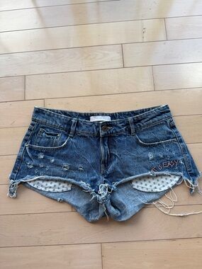 Woman’s Zara Low-Rise Dark Blue Denim Jean Shorts with Embroidery